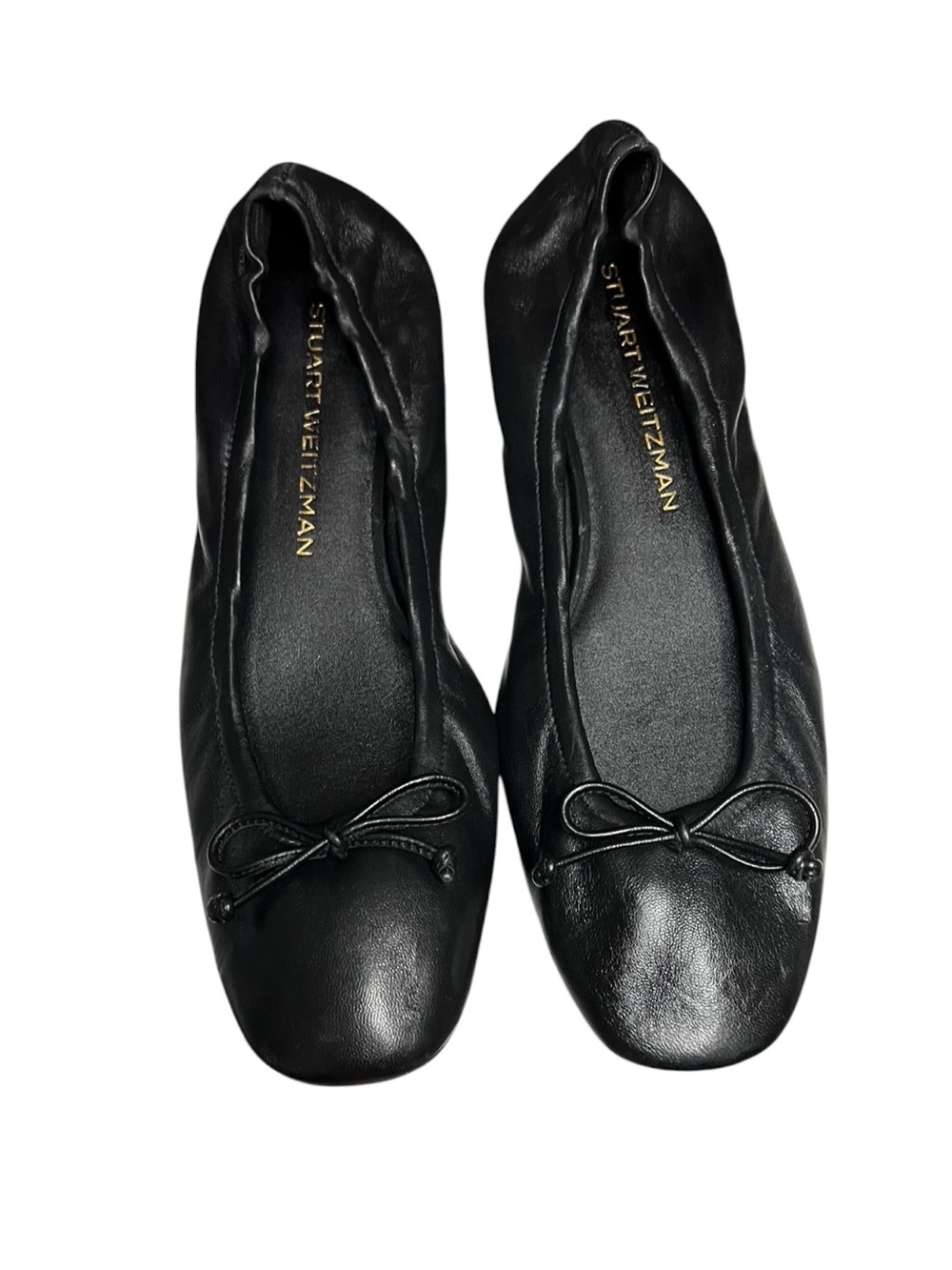 🌻Stuart Weitzman Bria Ballet Flats Black Leather Bow Square Toe Slip On Size 9